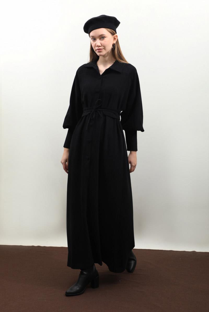 Dokulu Vintage Elbise Siyah