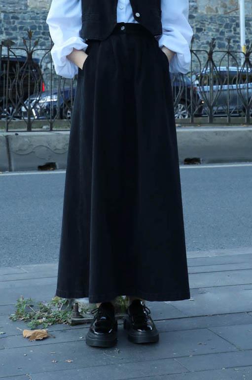 Düğmeli Denim Etek Siyah