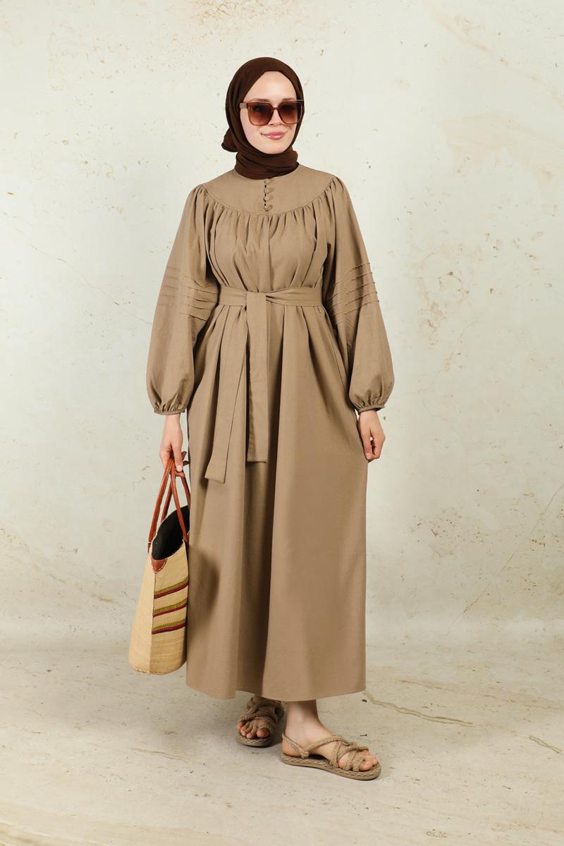 Düğmeli Keten Elbise Camel