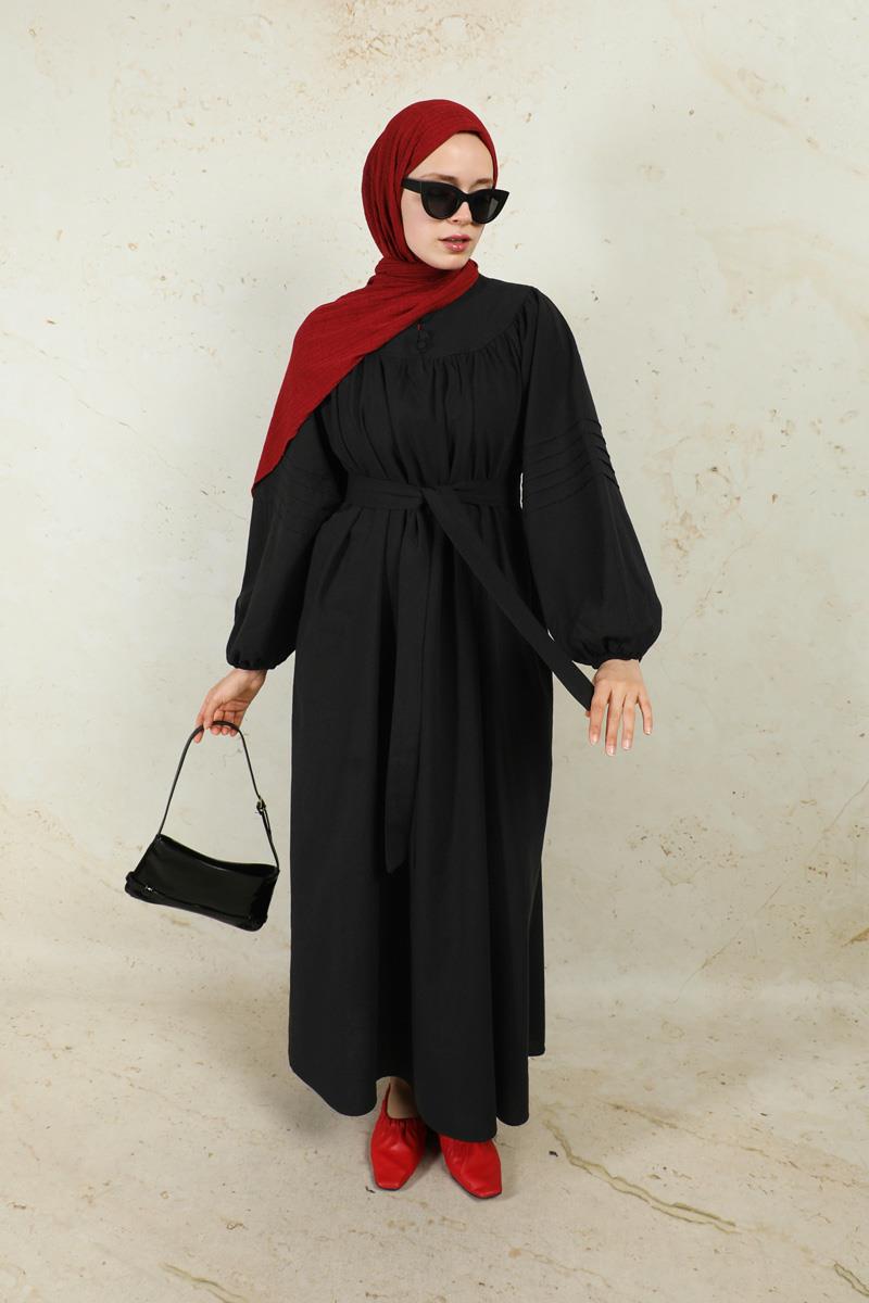 Düğmeli Keten Elbise Siyah