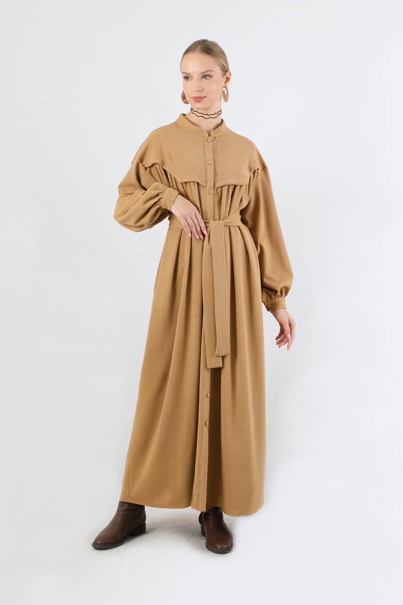 Düğmeli Triko Elbise Camel