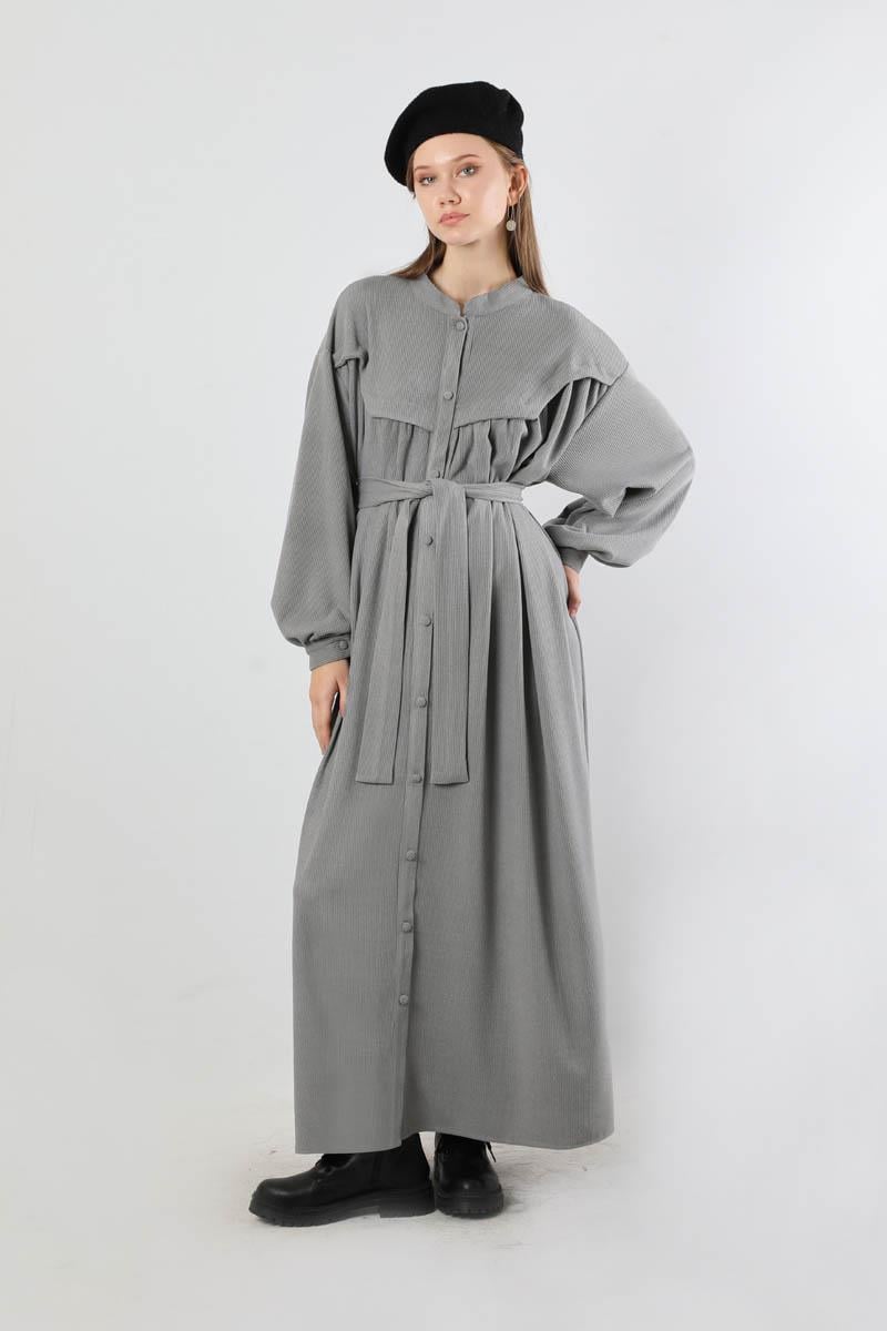 Düğmeli Triko Elbise Gri