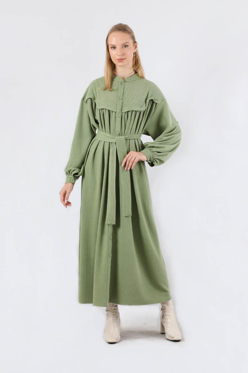 Düğmeli Triko Elbise Haki