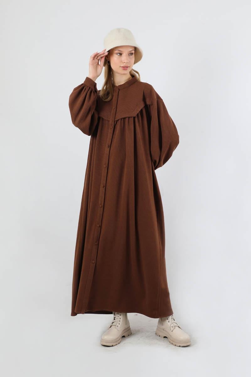 Düğmeli Triko Elbise Kahve