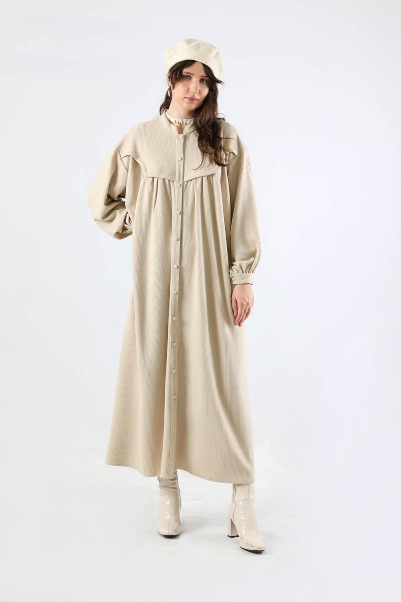 Düğmeli Triko Elbise Taş