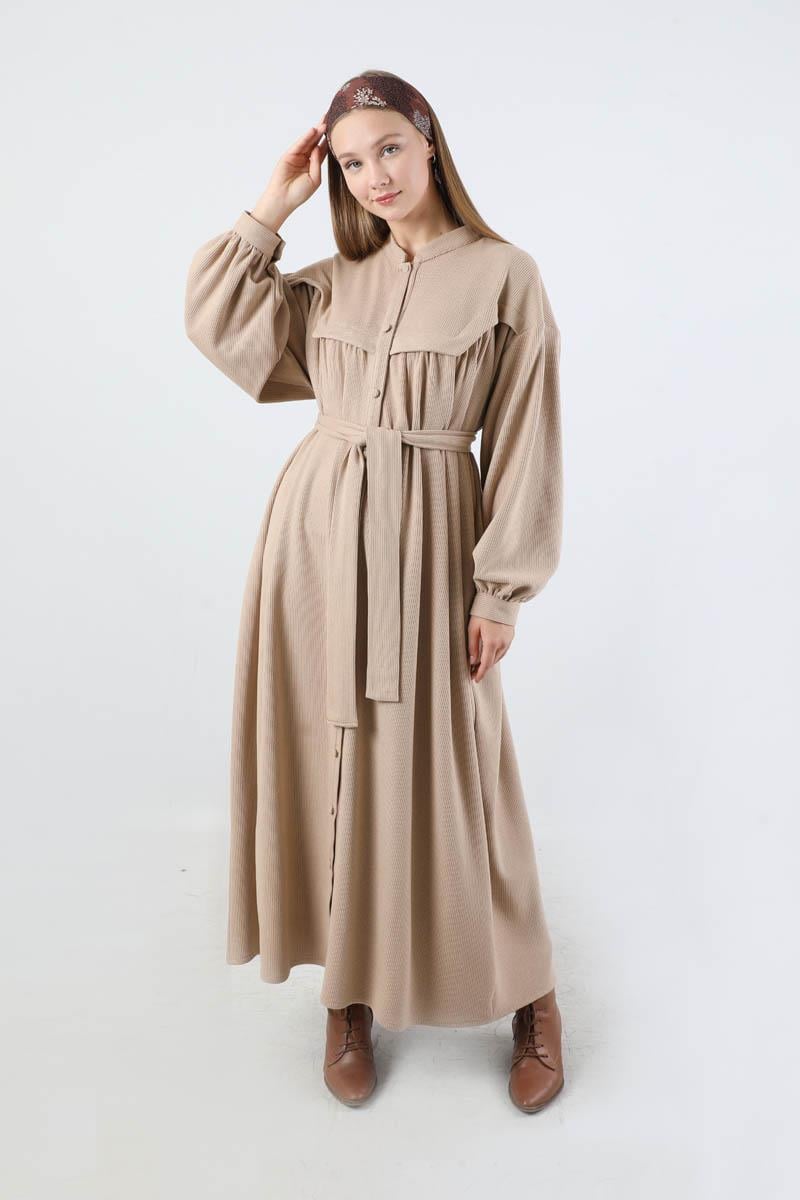 Düğmeli Triko Elbise Vizon