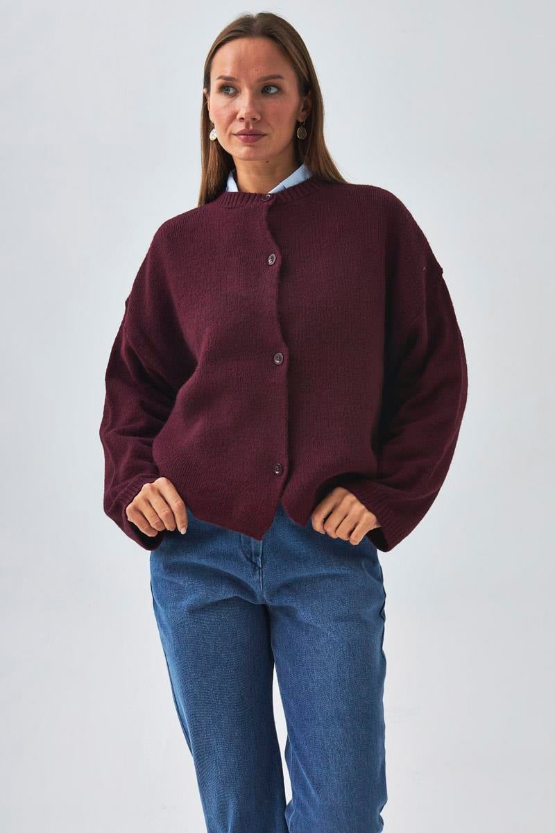 Düğmeli Triko Hırka Bordo
