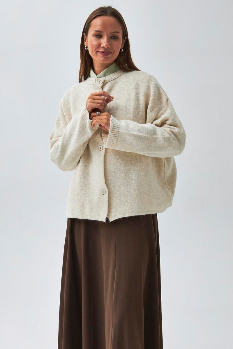 Düğmeli Triko Hırka Ekru