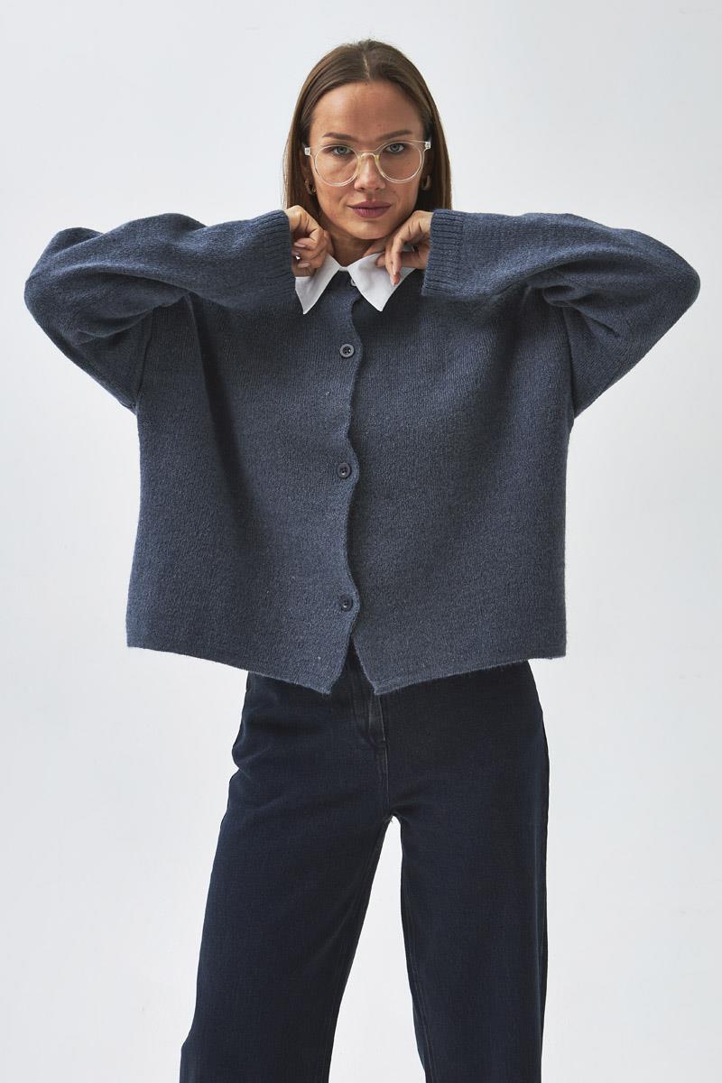 Düğmeli Triko Hırka İndigo