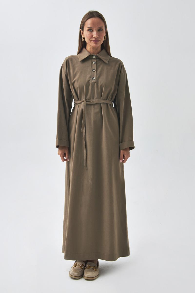 Düşük Kol Düğmeli Elbise Toprak