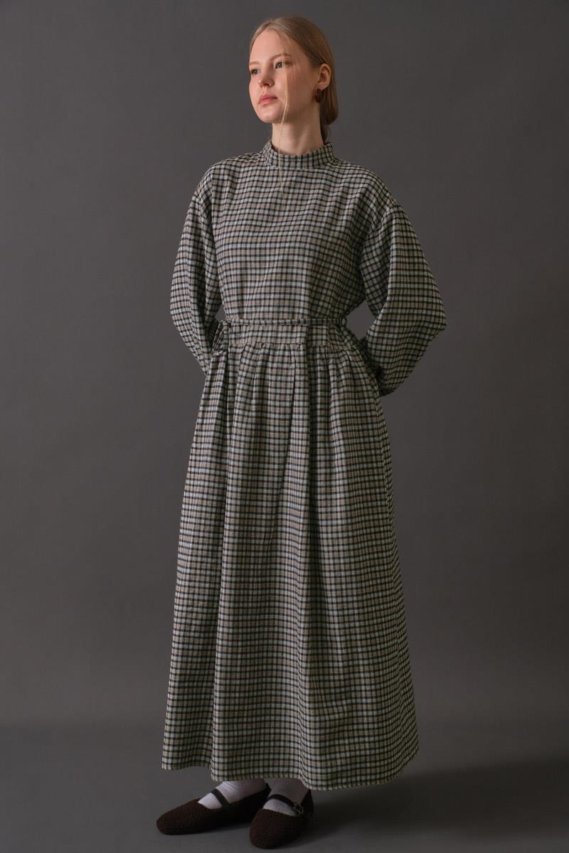 Düşük Kol Ekose Desenli Elbise Vizon