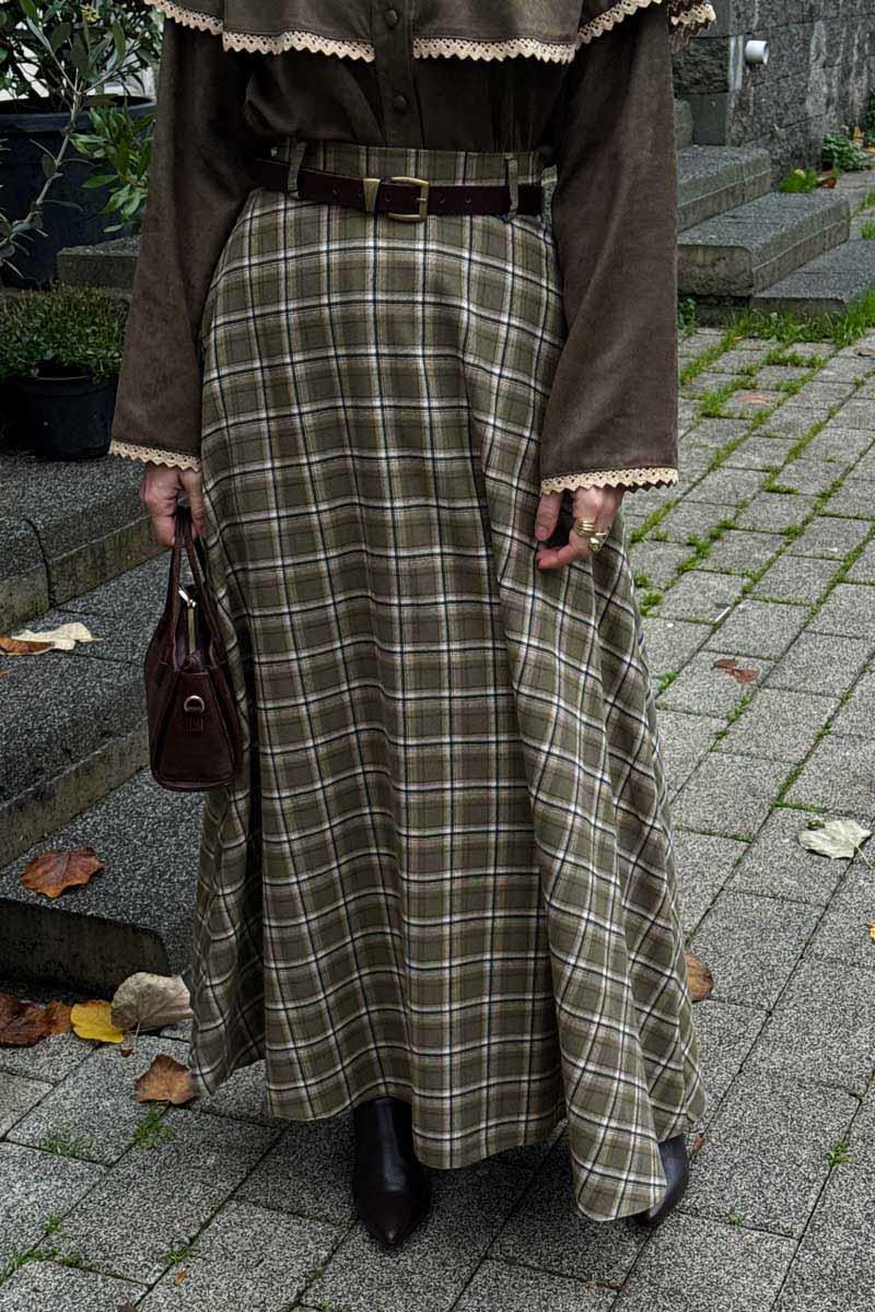 Ekose Desenli A Kesim Etek Haki