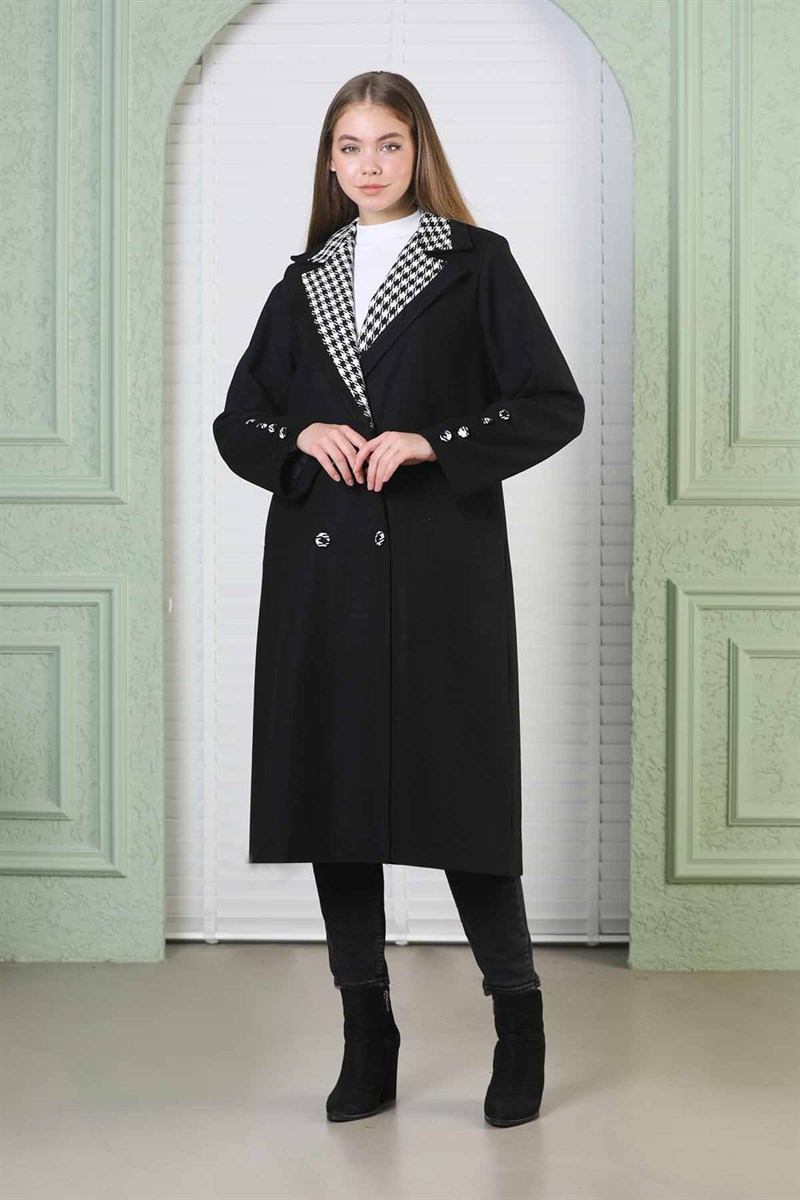 Ekose Detaylı Kaşe Kaban Siyah