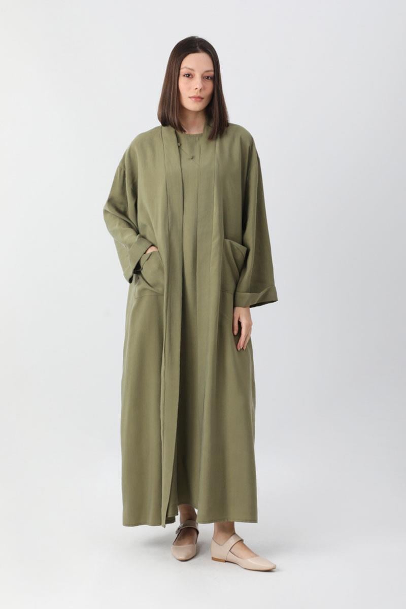 Elbisesi Düğmeli Abaya Takım Haki