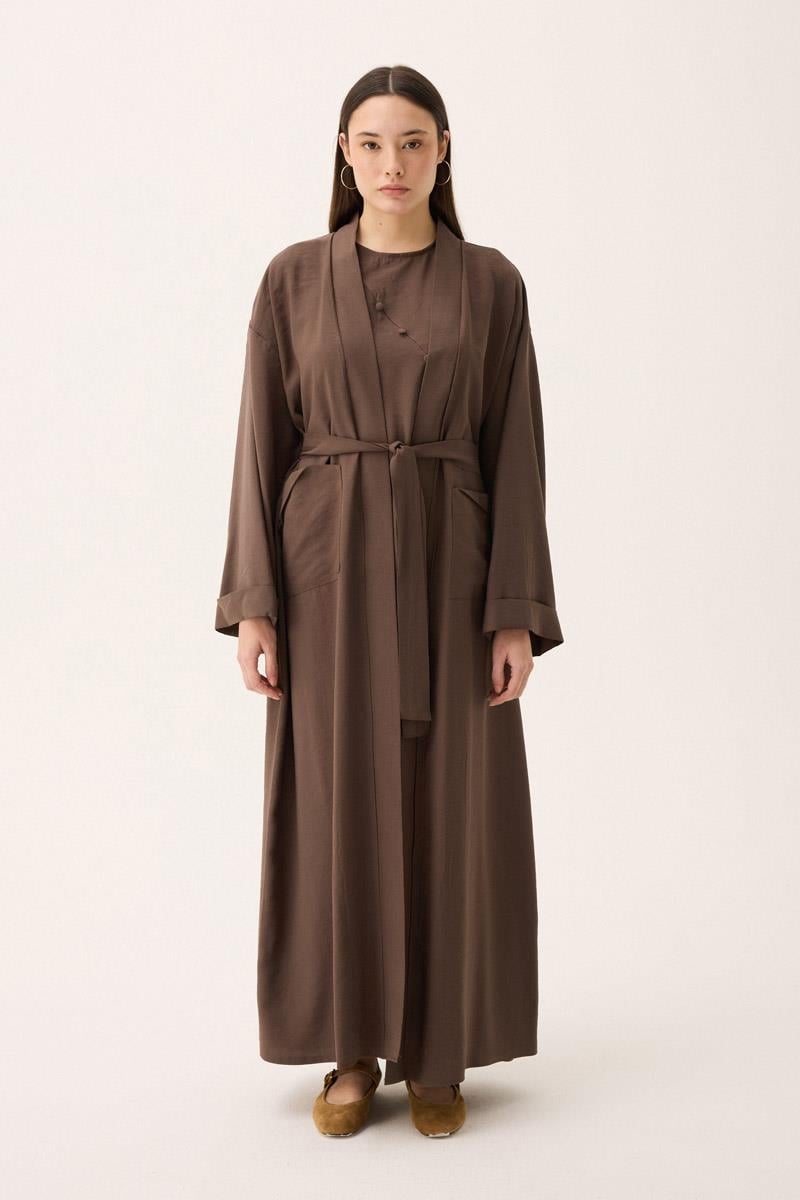 Elbisesi Düğmeli Abaya Takım Kahverengi