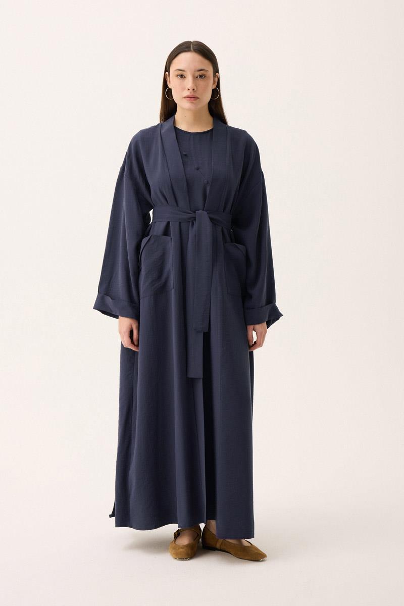 Elbisesi Düğmeli Abaya Takım Lacivert