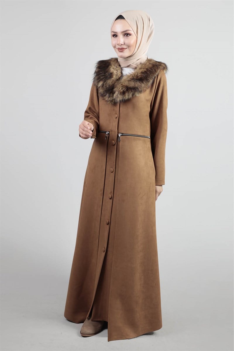 Eteği Pelerinli Süet Ferace Taba