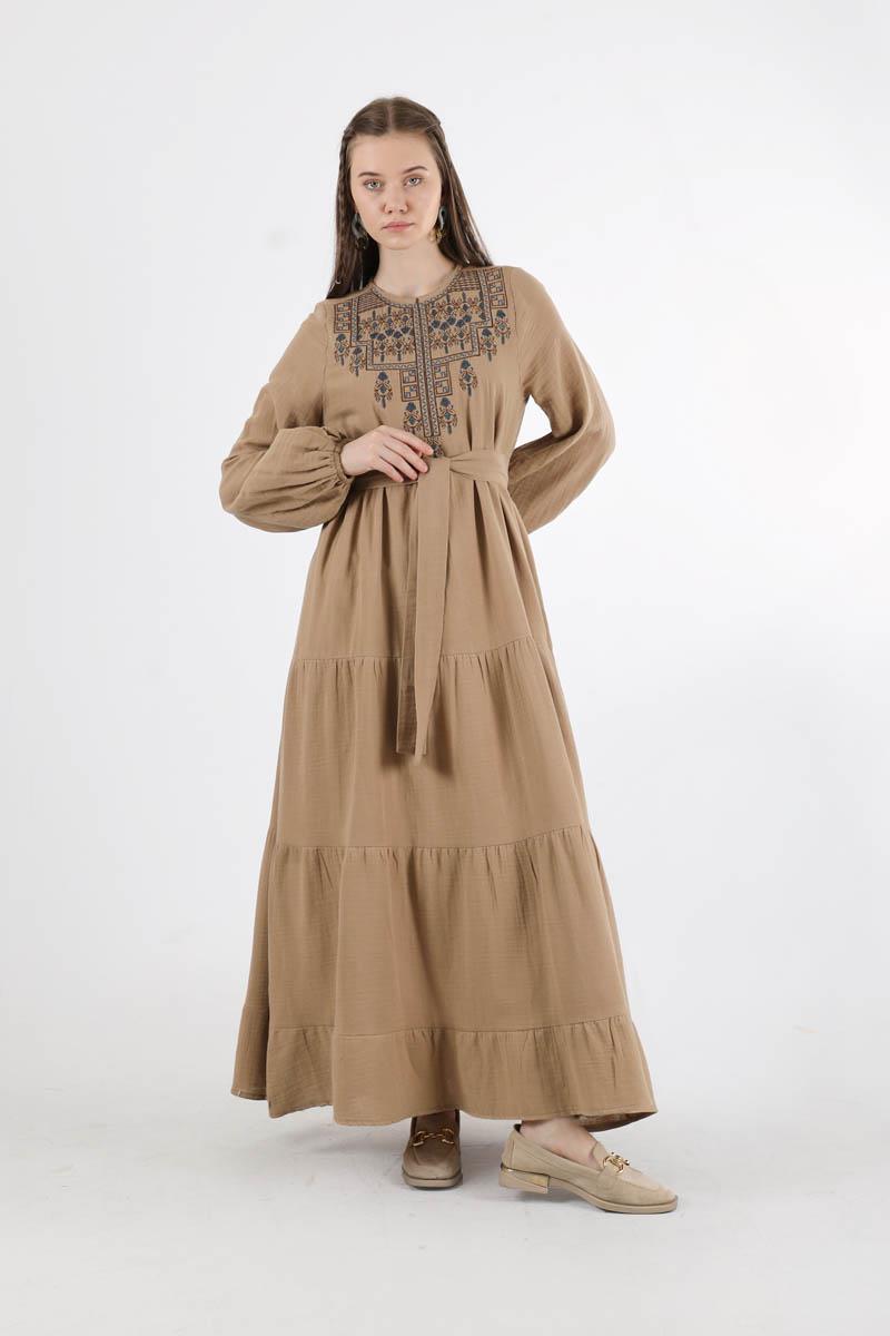 Etnik Desen Büzgülü Elbise Camel