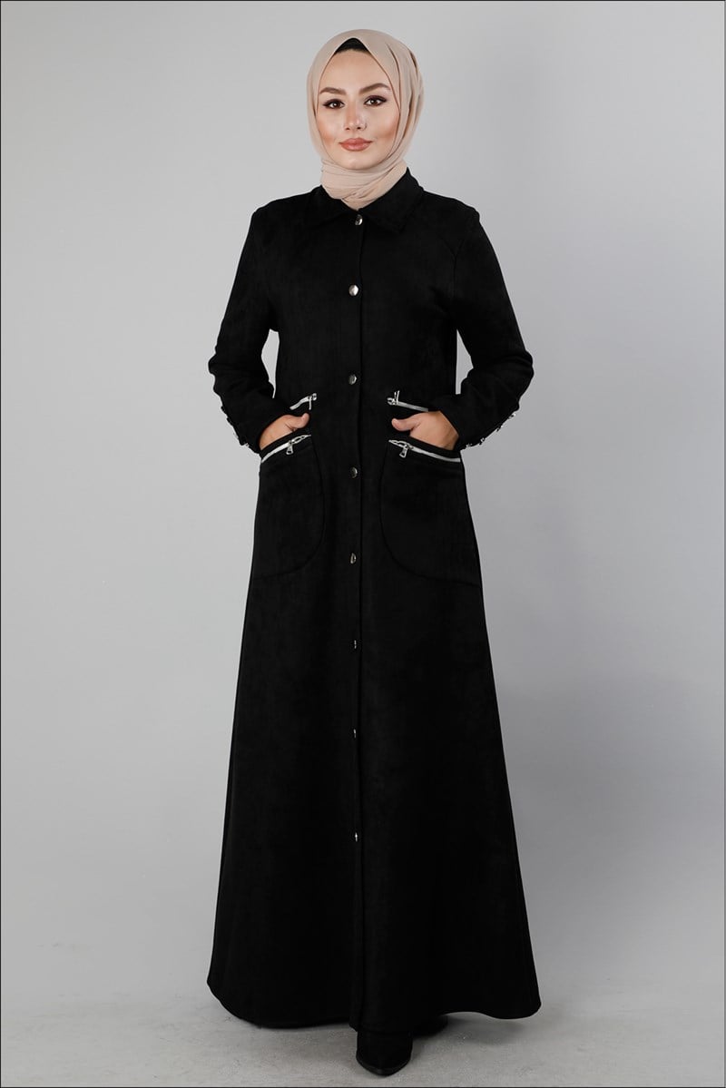 Feramuar Detaylı Süet Ferace Siyah