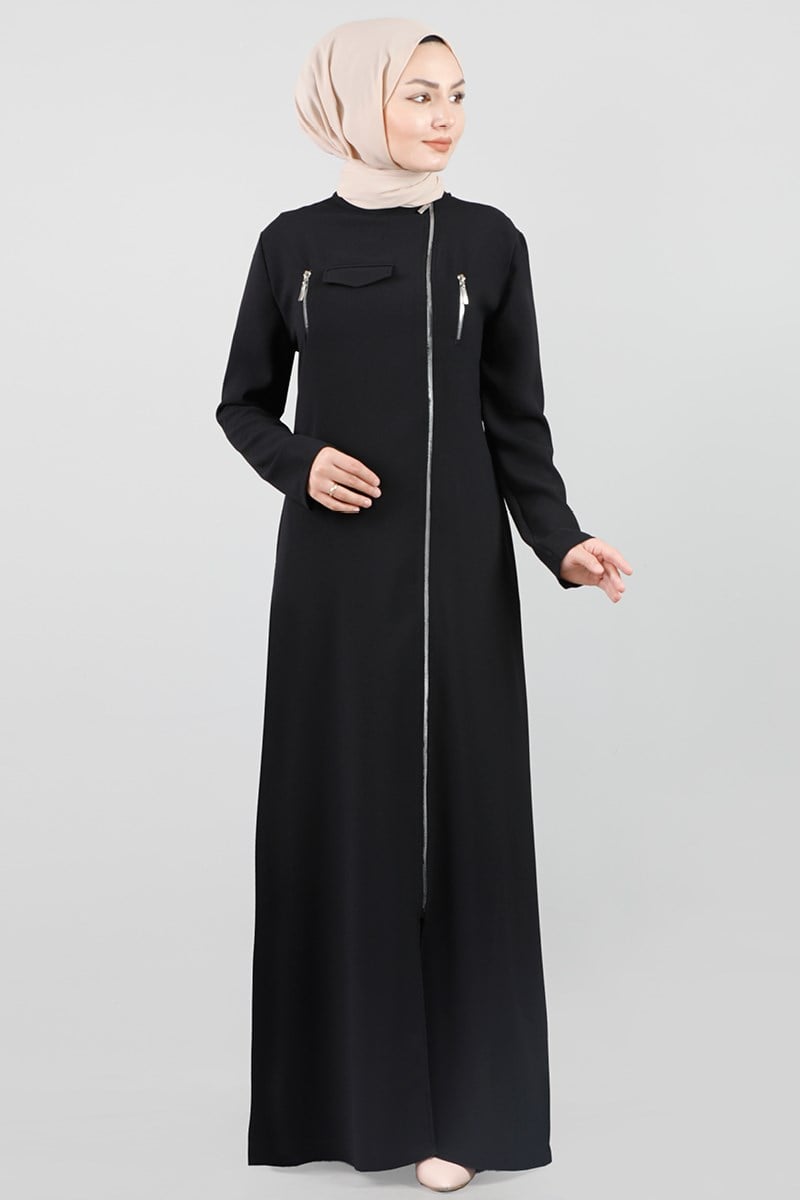 Fermuar Detaylı Siyah Ferace