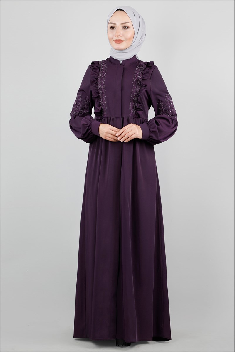 Fırfır Detaylı Taş İşlemeli Mürdüm Ferace