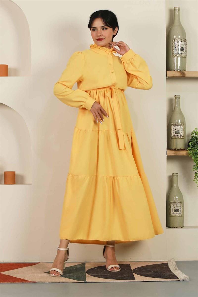 Fırfır Yaka Elbise Sarı