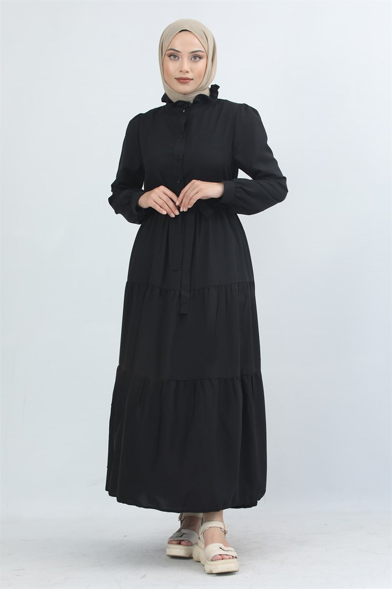 Fırfır Yaka Elbise Siyah