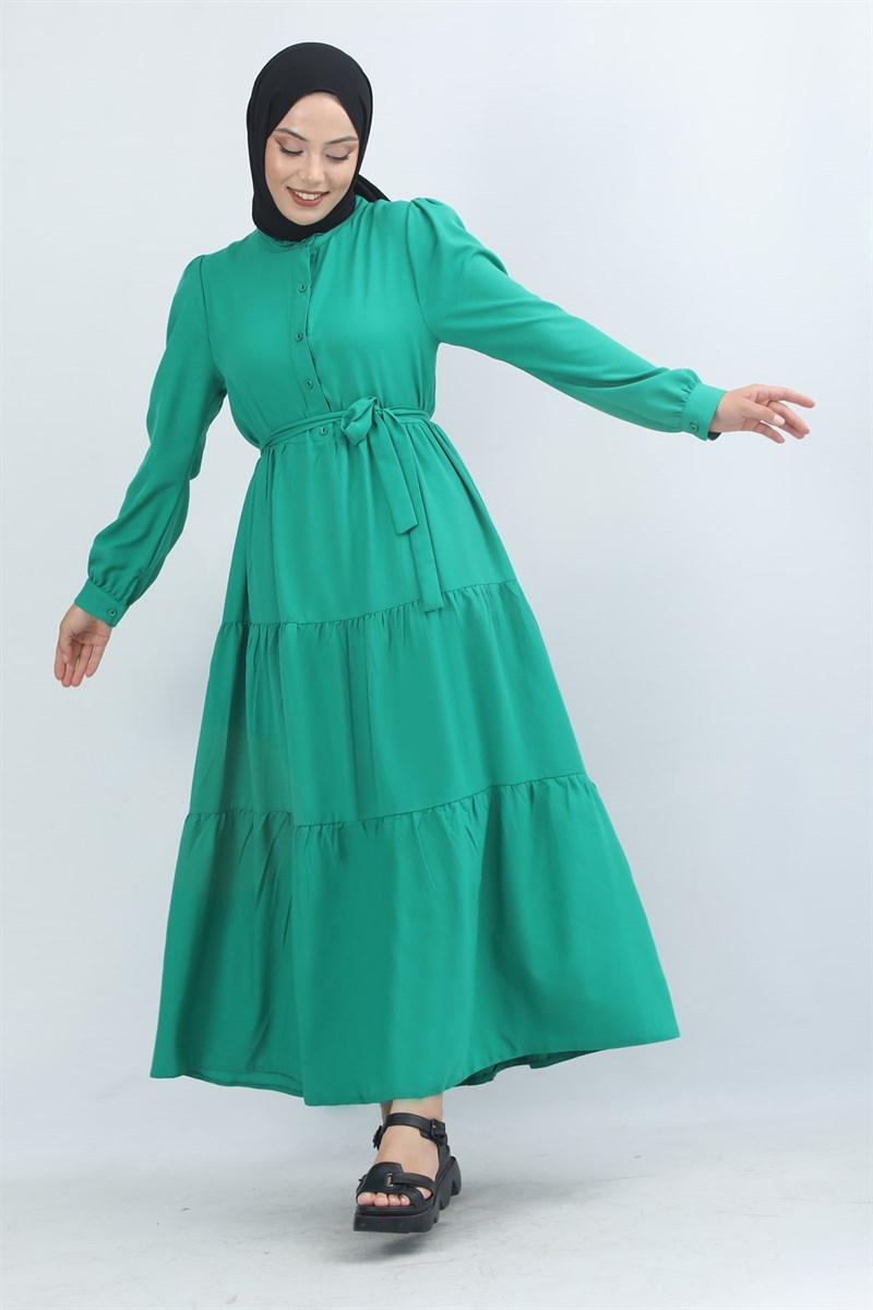 Fırfır Yaka Elbise Yeşil