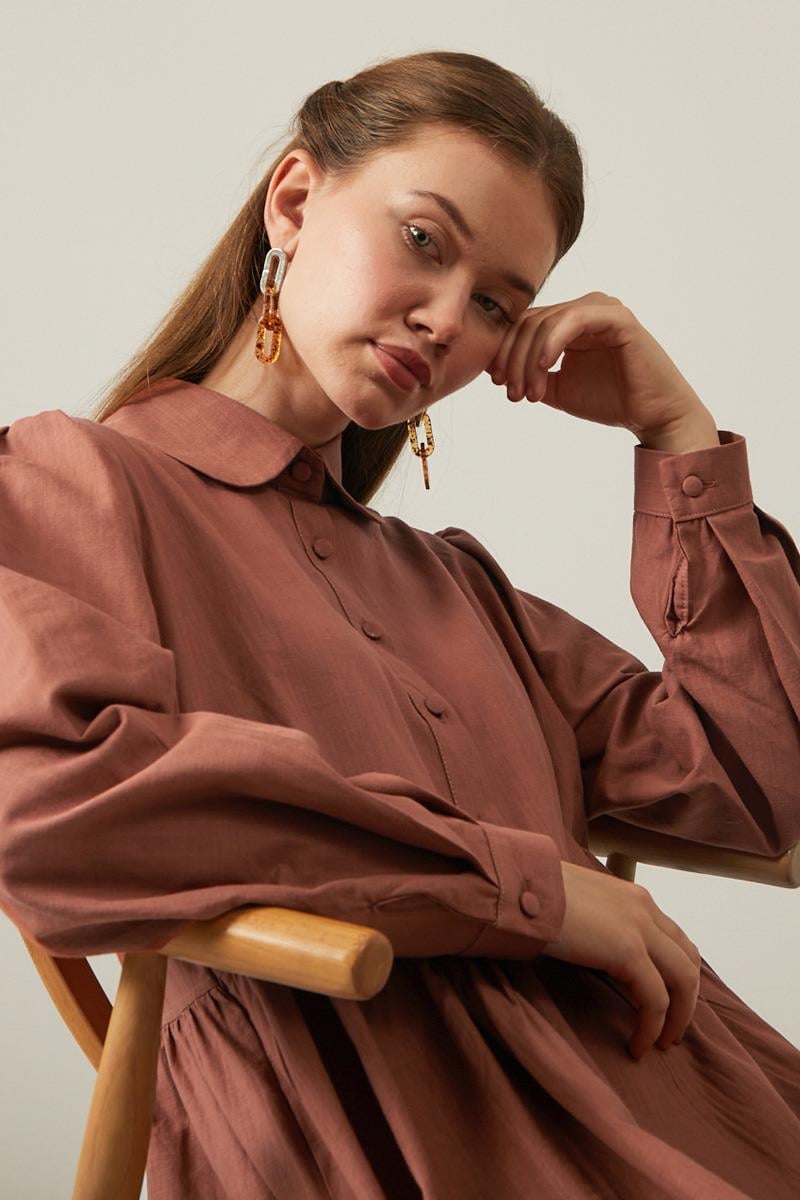 Flamlı Pamuk Elbise Kiremit