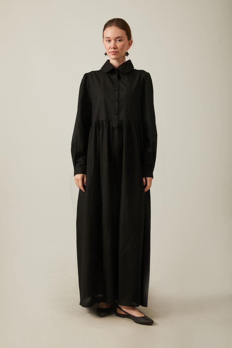 Flamlı Pamuk Elbise Siyah