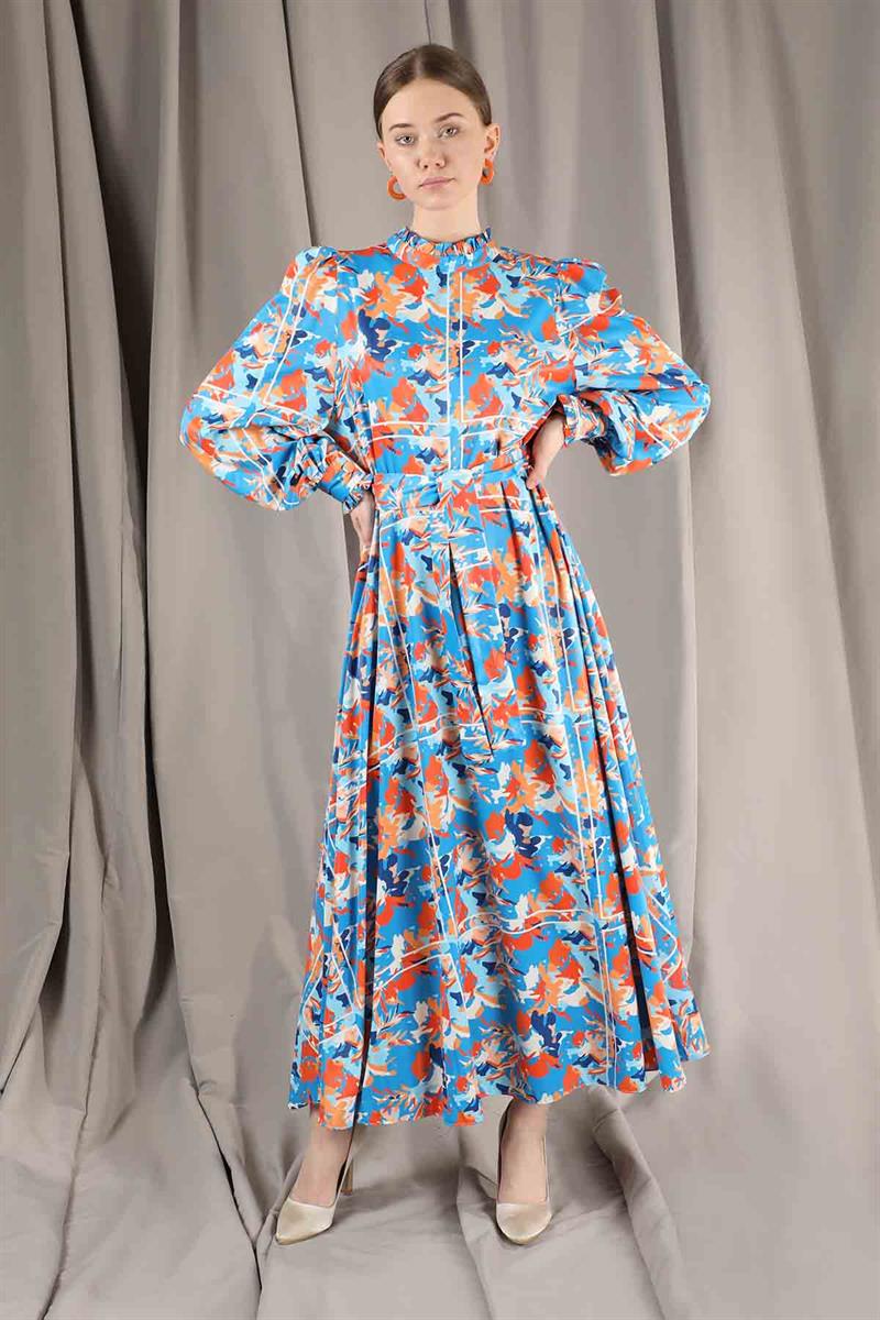 Flora Desen Çiçekli Elbise Mavi