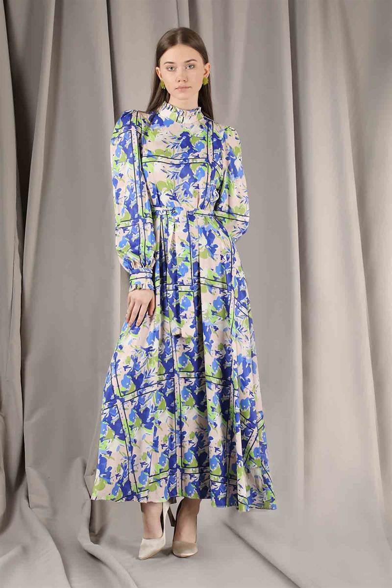 Flora Desen Çiçekli Elbise Saks