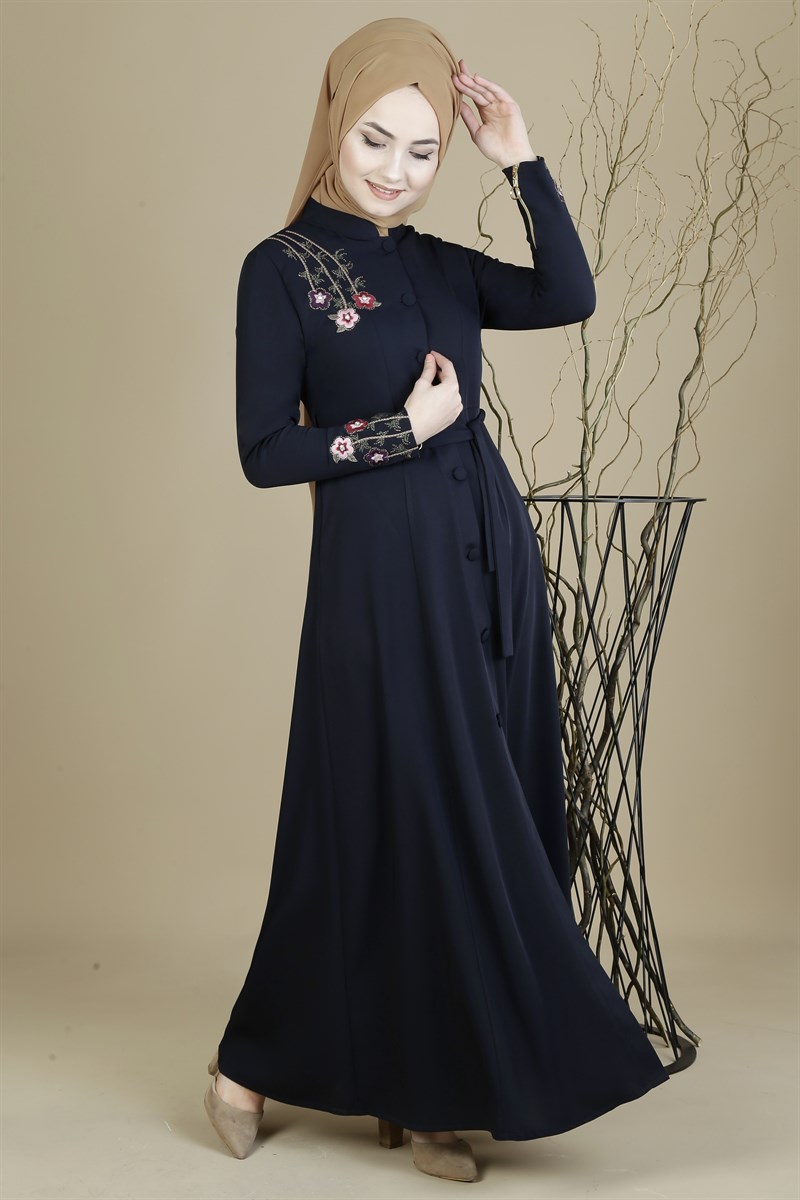 Flora Nakışlı Lacivert Ferace