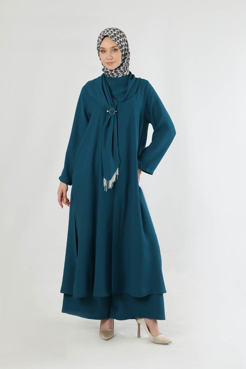 Fularlı Abaya Takım Petrol
