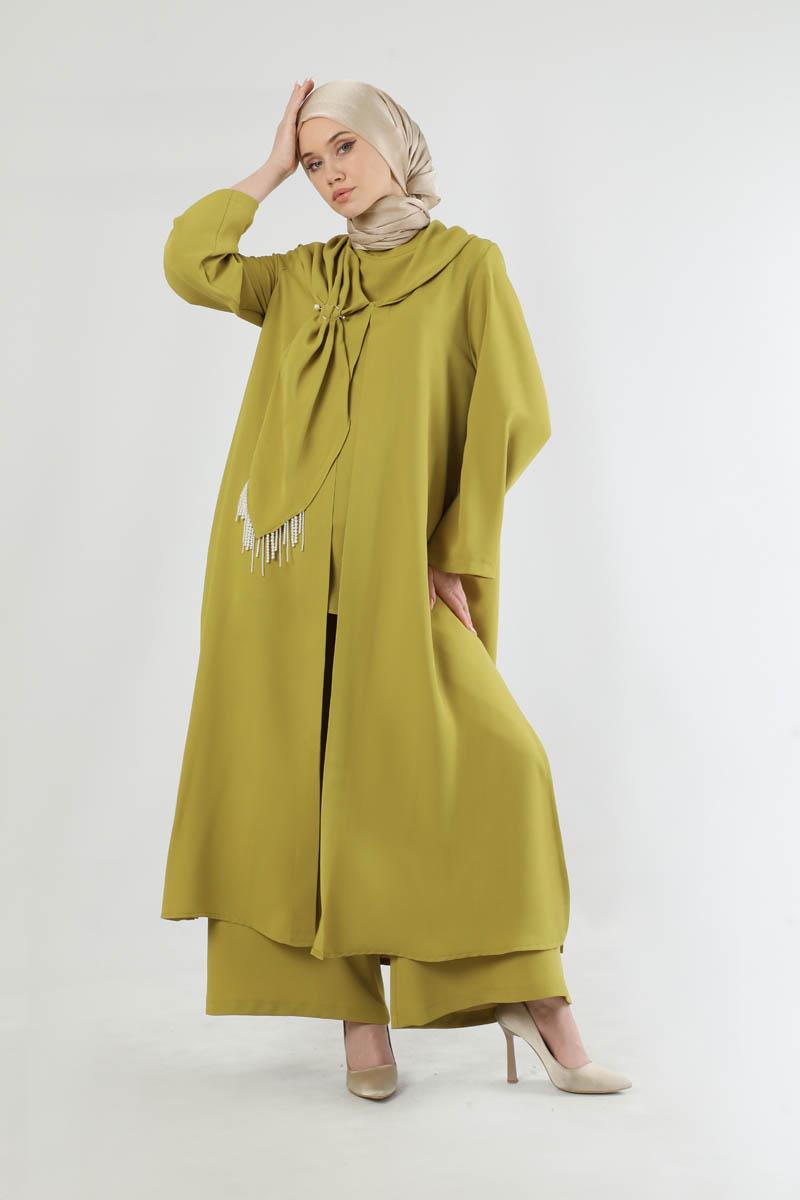 Fularlı Abaya Takım Yağ Yeşili