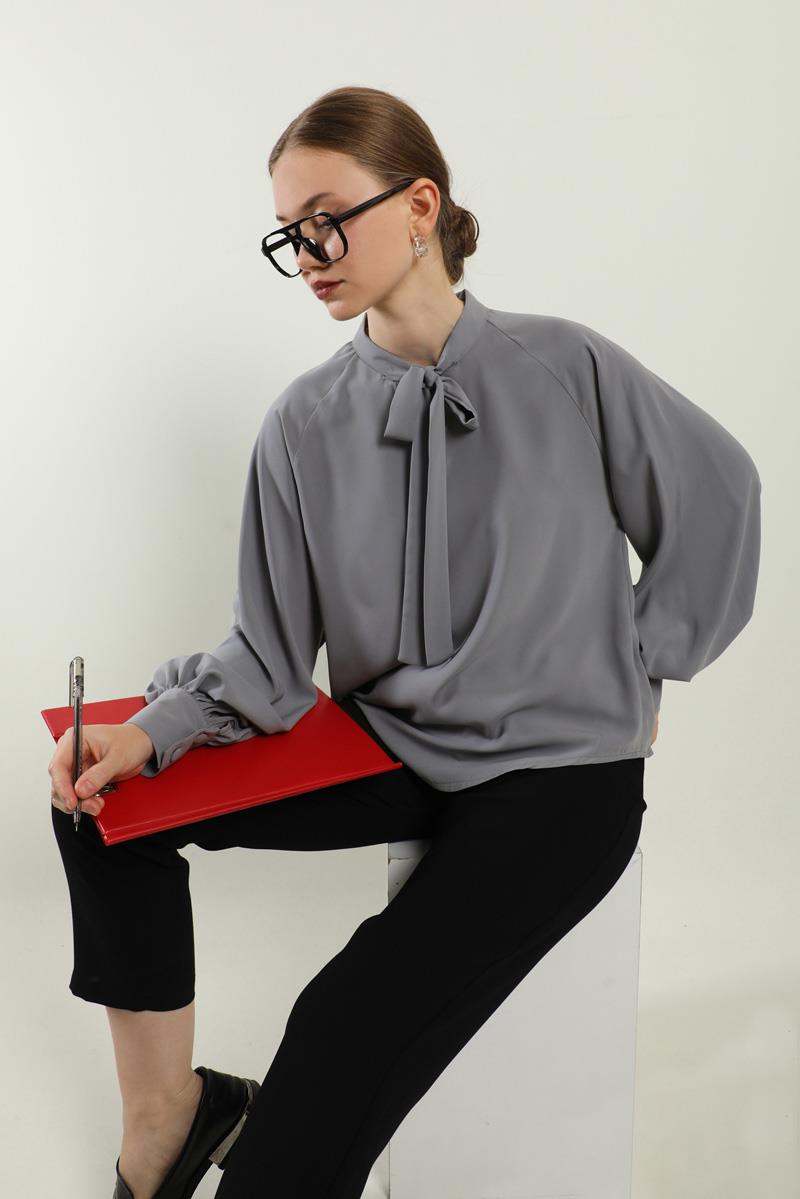 Fularlı Gömlek  Gri