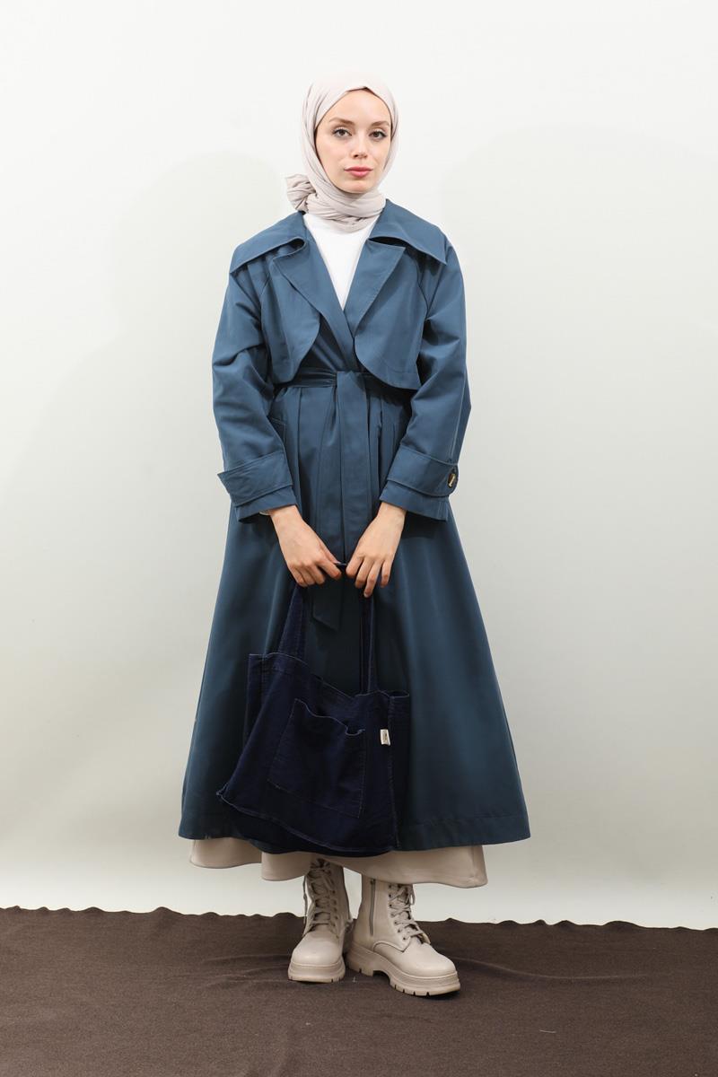 Geniş Yaka Trençkot Lacivert