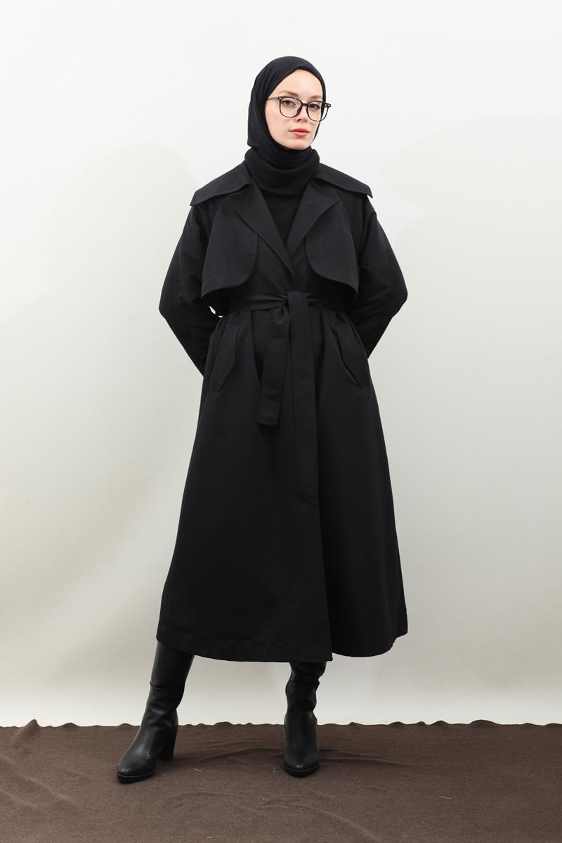 Geniş Yaka Trençkot Siyah