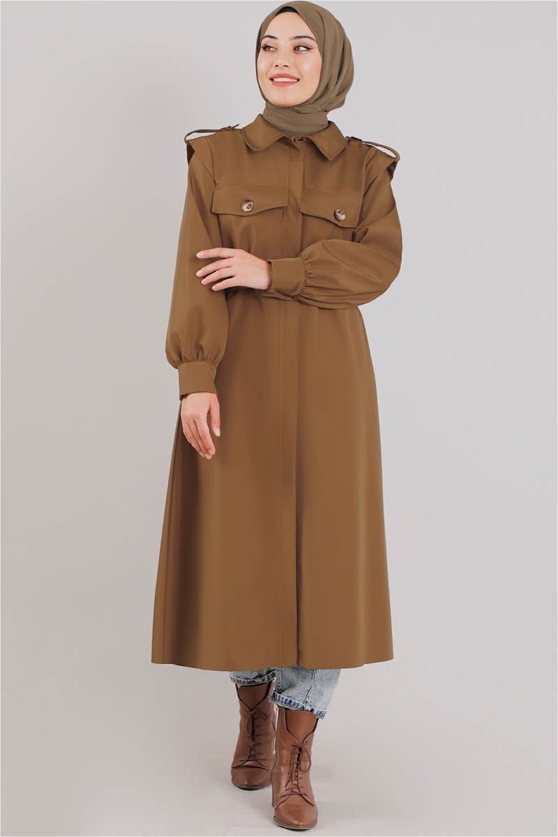 Gizli Düğmeli Trenç Taba