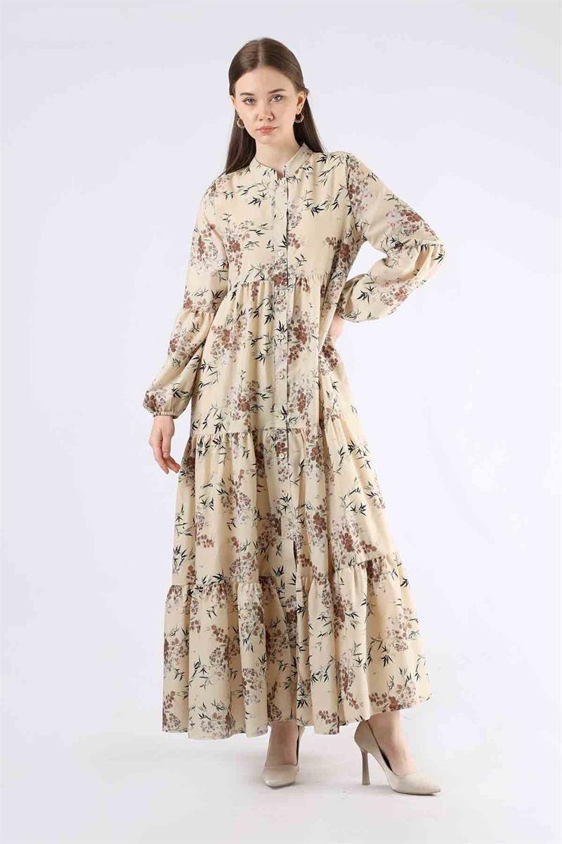 Hakim Yaka Çiçekli Elbise Taba
