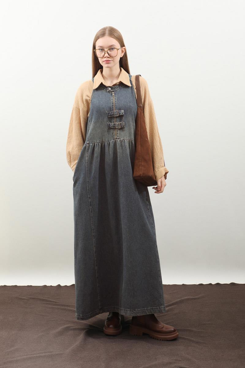 Halter Yaka Denim Jile Koyu Mavi