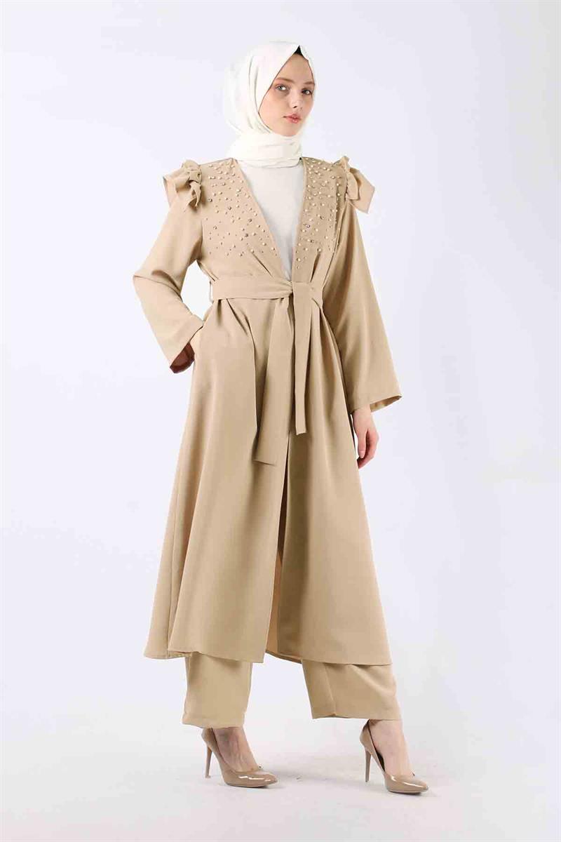İnci İşlemeli Abaya Takım Bej