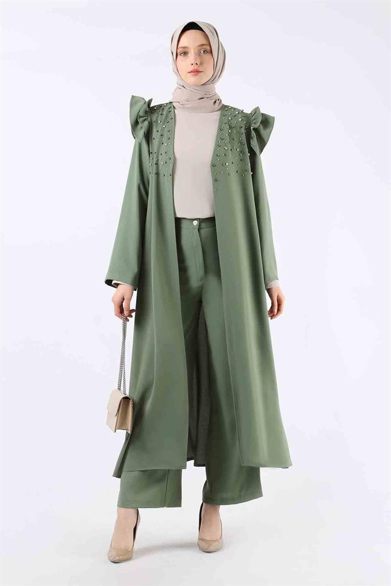 İnci İşlemeli Abaya Takım Haki
