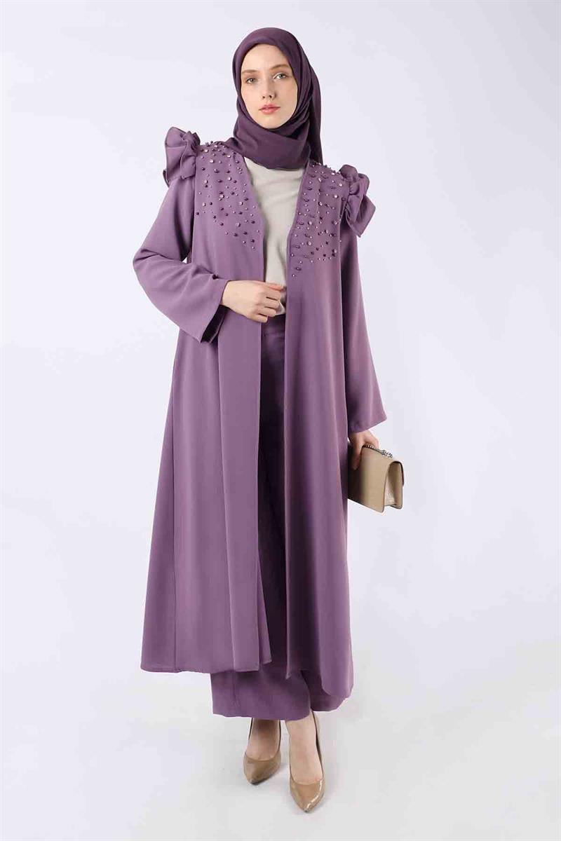 İnci İşlemeli Abaya Takım Lila