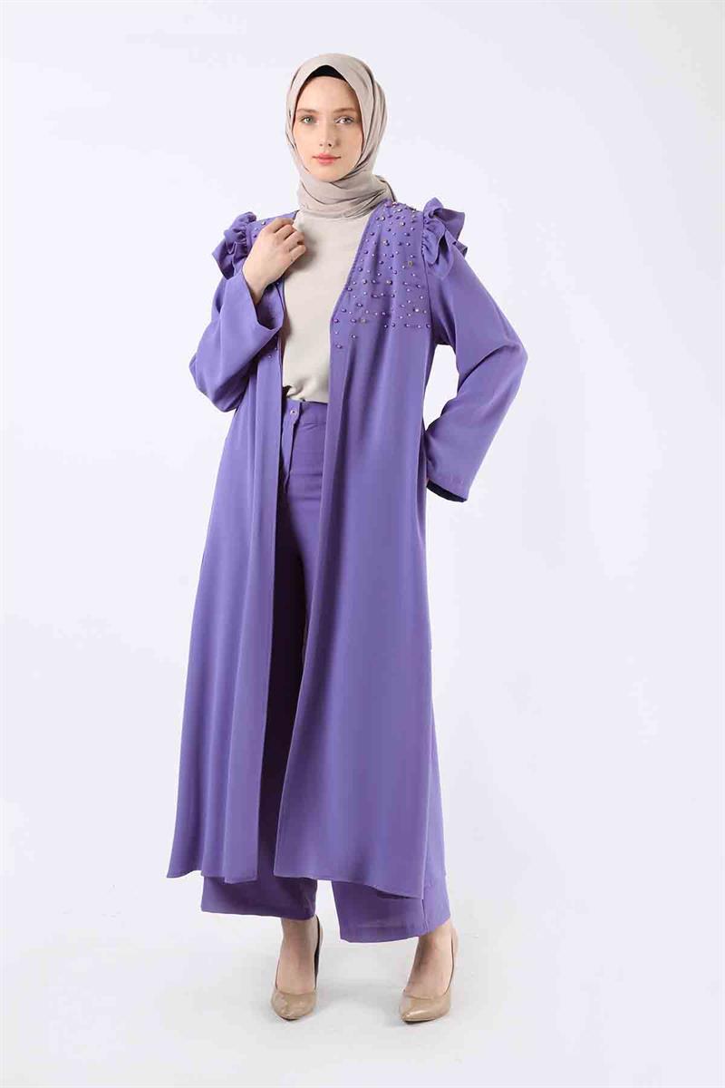 İnci İşlemeli Abaya Takım Mavi