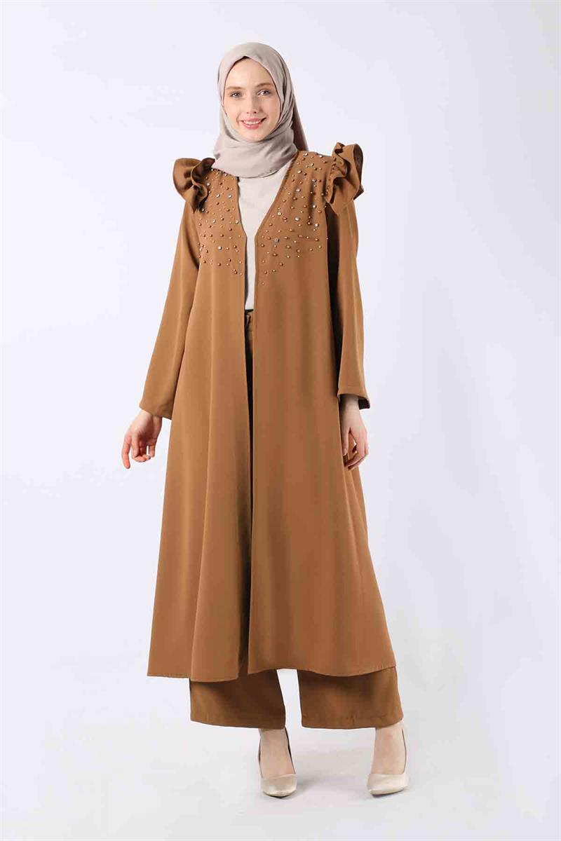 İnci İşlemeli Abaya Takım Taba
