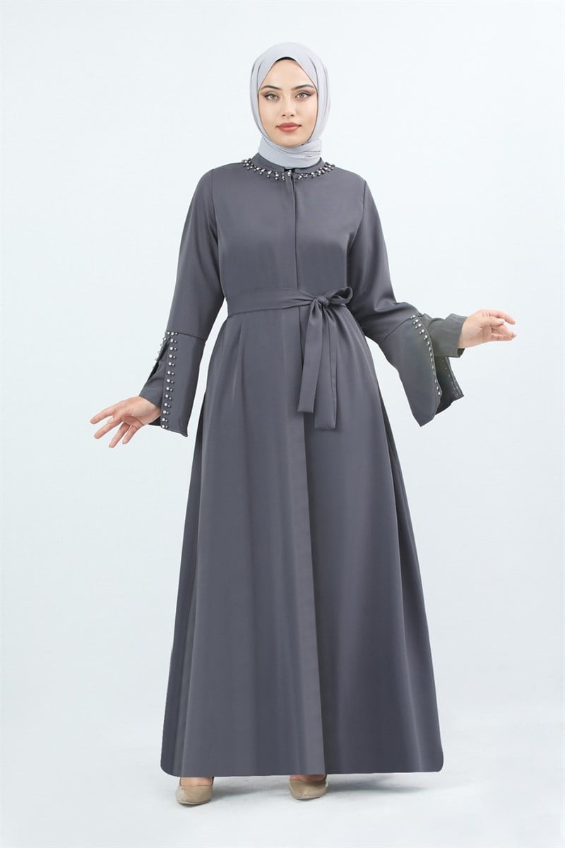 İnci Ve Taşlı Ferace Gri