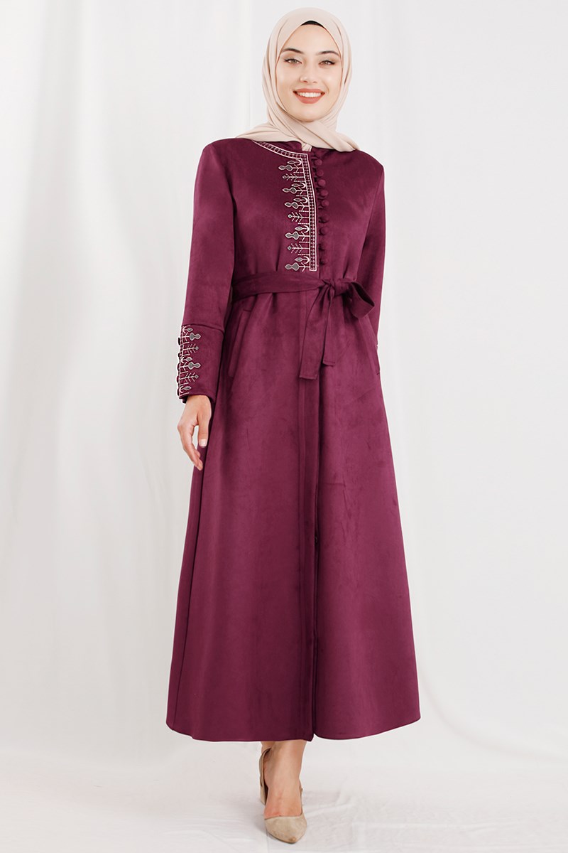 İşlemeli Şarabi Süet Ferace