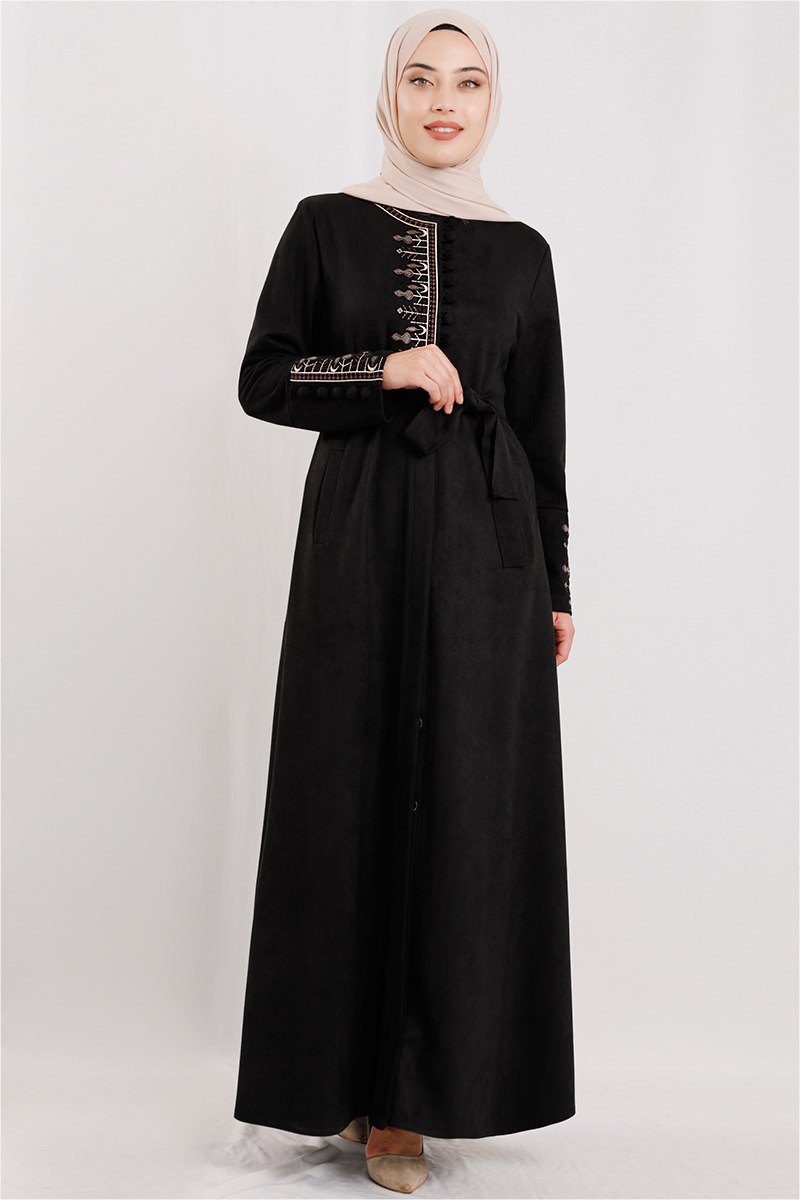 İşlemeli Siyah Süet Ferace