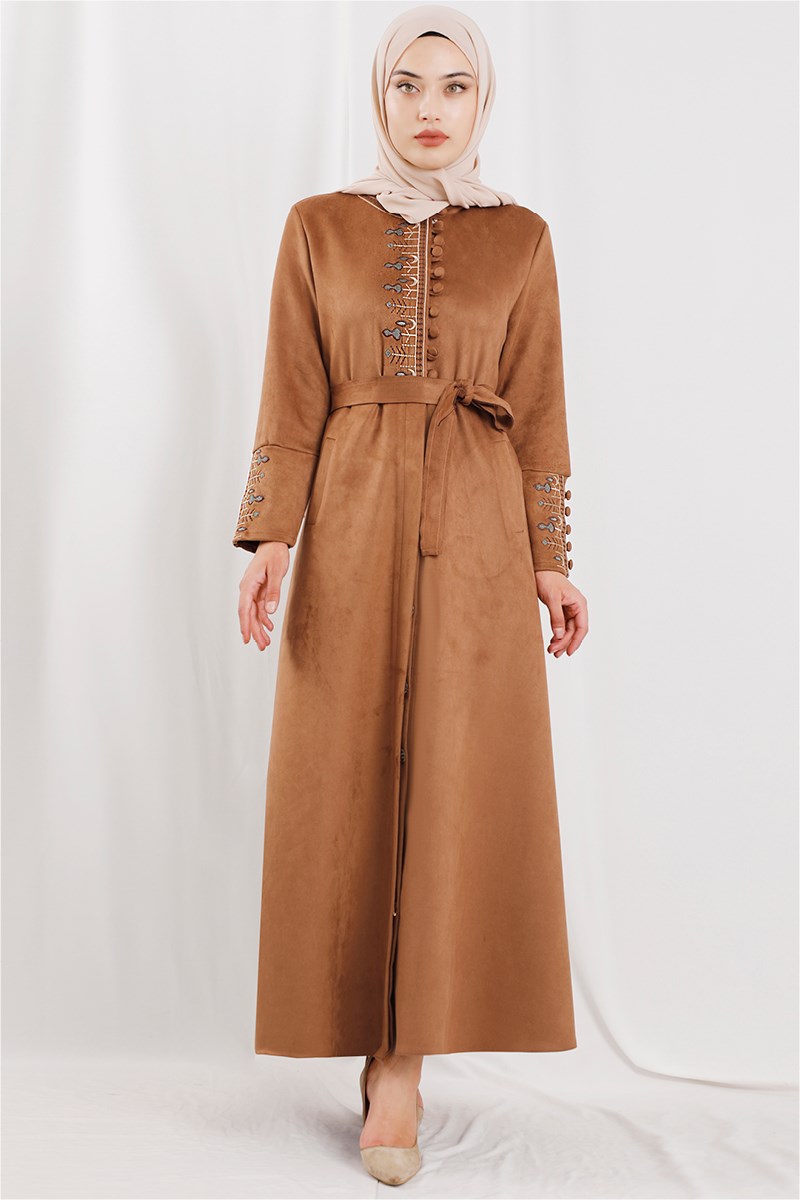 İşlemeli Taba Süet Ferace